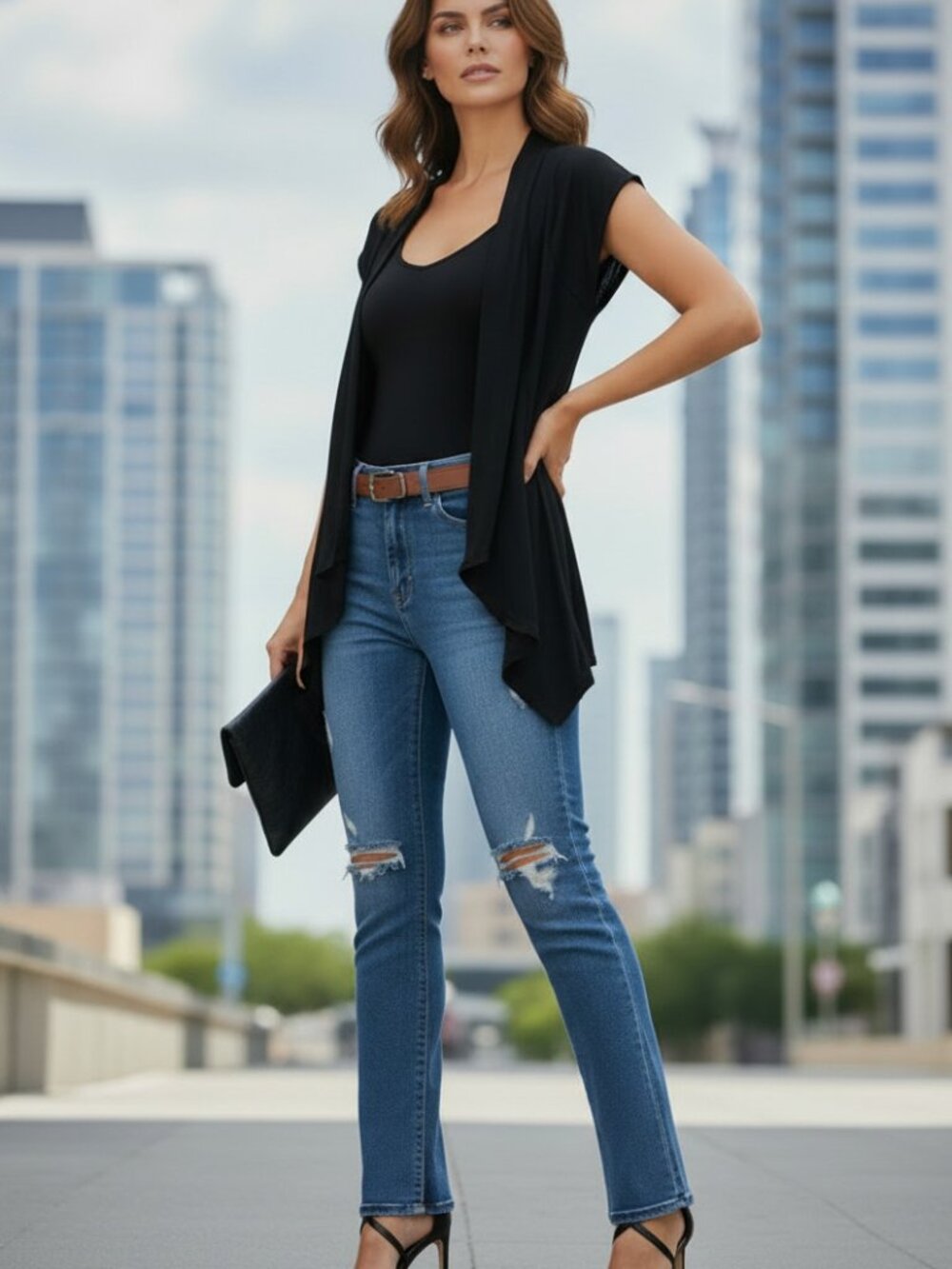 Ambiance Black Draped Open-Front Cap-Sleeve Cardigan